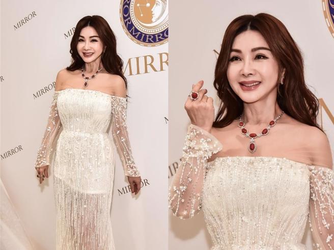 陳美鳳30日出席代言活動，一襲雪白晚禮服展現好身材。（皇宣緣珠寶提供）