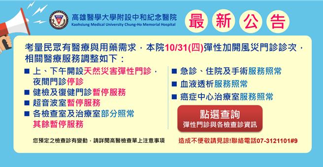高市各大医疗院所陆续开设颱风特别门诊。（翻摄画面／纪爰高雄传真）