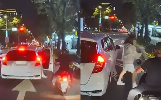 日前有騎士被突然開車門的妹子嚇壞，沒想到對方便關上車門轉頭而去。（圖／翻攝自臉書八卦村 - 行車紀錄器影片上傳中心）