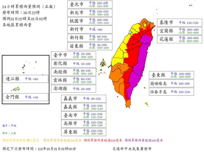 气象署公布最新风雨预报。（翻摄自气象署）