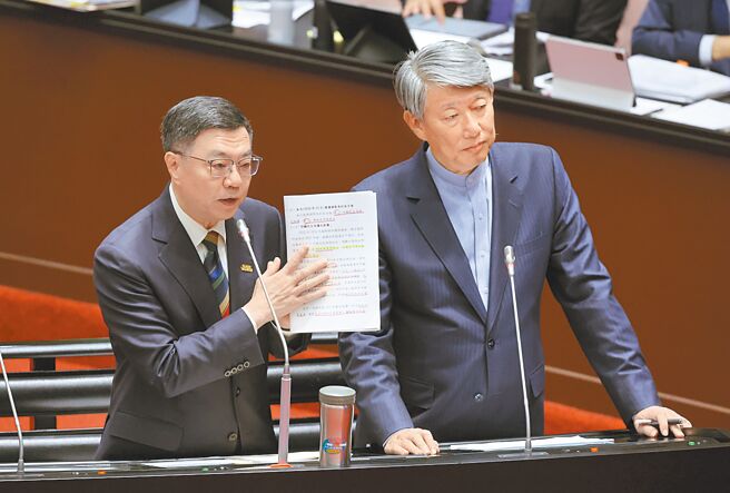 行政院長卓榮泰（左）與經濟部長郭智輝（右）29日前往立法院備詢，對於立委要求政府應該要做台電4年財務規畫，卓揆當場允諾。（姚志平攝）