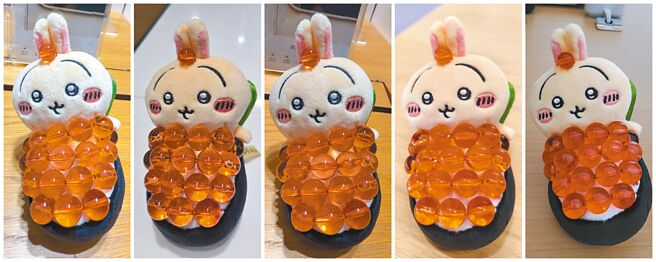 中时报导曾比较2024年10不同手机厂牌的拍照功能，以iPhone 16 Pro（左起）、Samsung Galaxy Z Flip 6、Google Pixel 9 Pro XL、vivo v40 Pro、OPPO A3x拍摄的鲑鱼卵寿司造型的乌萨奇。（资料照/古明弘摄）