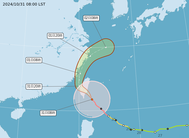 氣象粉專表示，台灣本島明天上午開始由南往北脫離暴風圈，傍晚或入夜可望解除警報。（中央氣象署提供）