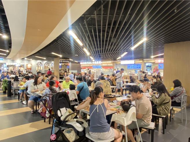新竹市的Big City远东巨城购物中心今天是新竹县市唯一营业的购物中心，虽然今天风雨不小，不过美食街仍然涌入大批觅食的民眾。（陈育贤摄）