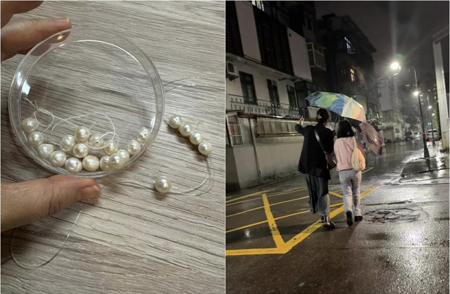 杨月娥为了拍女儿的雨伞被吹得快要开花，却在街头跌倒，手炼还断了，不过她正向说：「也算过灾」。（图／杨月娥脸书）
