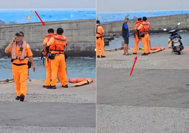 小琉球的海巡人员处理港口浮尸，有队员疑似突然起乩，被同仁抓住防止意外发生。（翻摄画面）