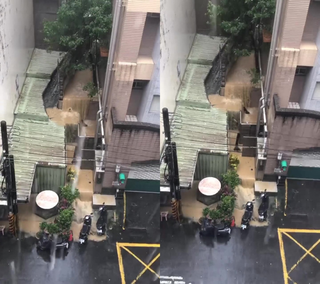 新北市汐止一名網友在社群平台分享一段影片，直言「不要小看康芮的威力，我家對面要崩毀了！」。（圖／網友aob_nail_studio123授權提供）
