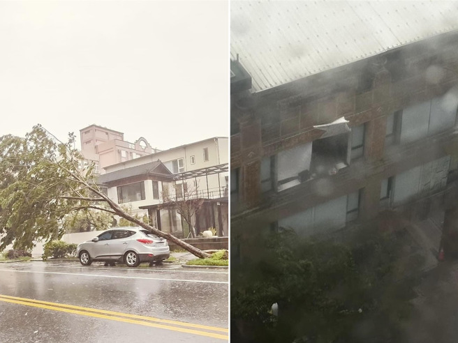 1棵路树砸破停在路边的轿车后挡风玻璃，造成雨水不断灌进车内（左）；罗东镇仓前路上某家中医诊所的３楼落地窗整片掉落（右）。（民眾提供／吴佩蓉宜兰传真）