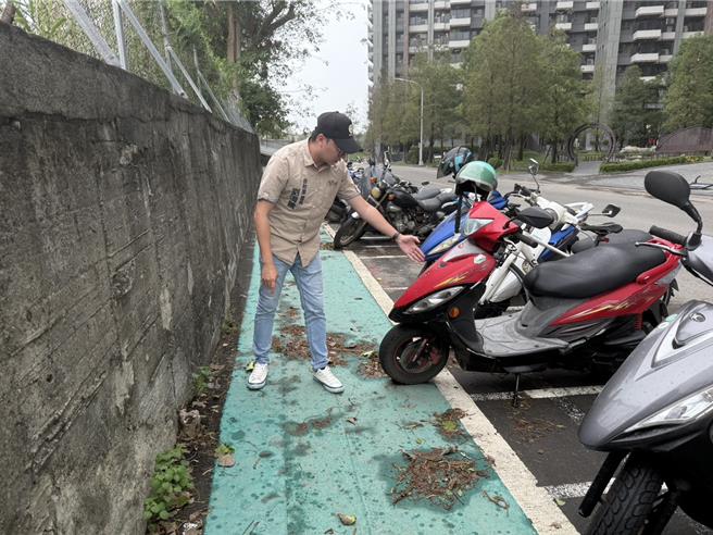 高雄左营桃子园路标线人行道乱象多，自助里里长刘淯腾指出，经常有骑士贪方便闯入、违停，让居民不敢通过。（纪爰摄）