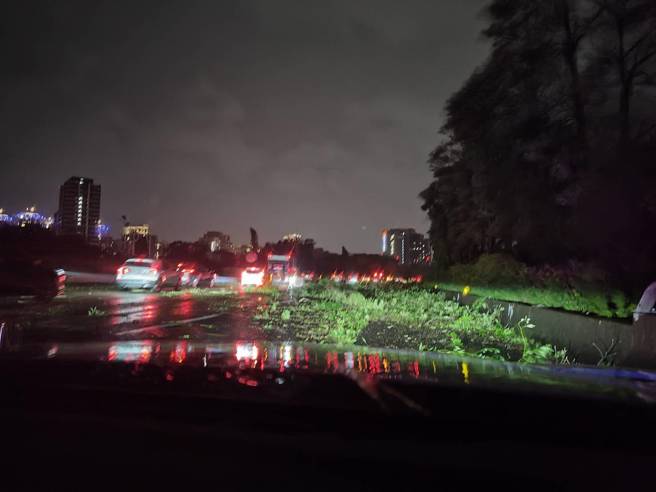 國道三號土城段北上車道，因為樹枝散落導致車道封閉。（翻攝畫面）