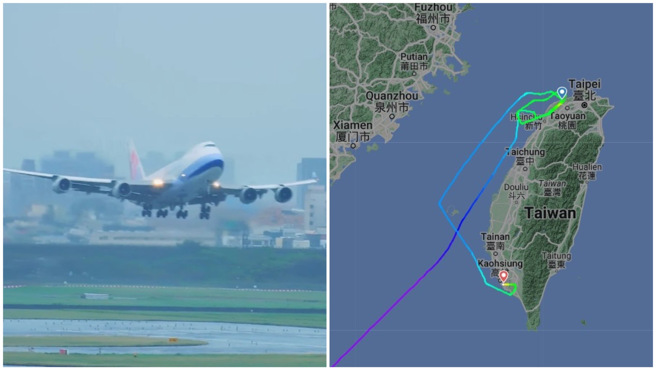 今(31)日下午1时40分许强颱康芮从台东成功登陆，许多县市传出不少灾情，今天多架班机出现取消或出发抵达时间异动情况。图左为华航空中巴士 A350。（取自桃园国际机场即时影像、flightradar24）