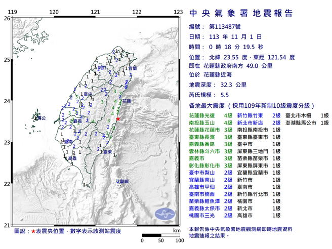 花莲近海0:18发生规模5.5地震，全台有感。(图／气象署)