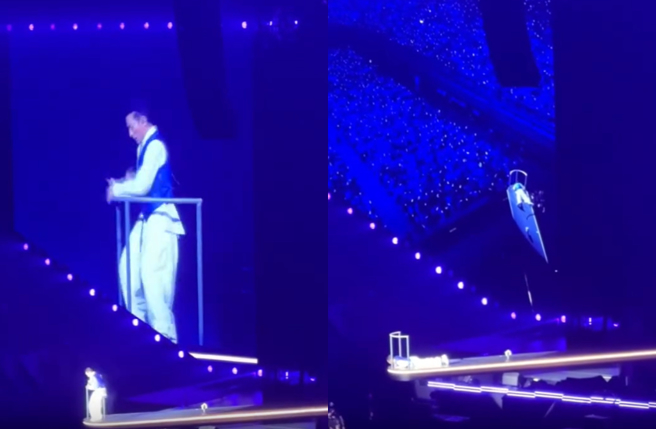 劉德華演唱會掉麥急趴地，畫面全被拍掀熱議。（圖／Threads@___han__授權）