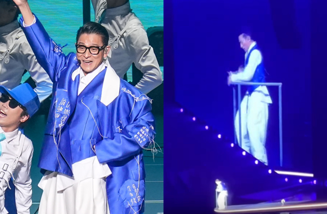 劉德華演唱會掉麥急趴地，畫面全被拍掀熱議。（圖／羅永銘攝影、Threads@___han__授權）