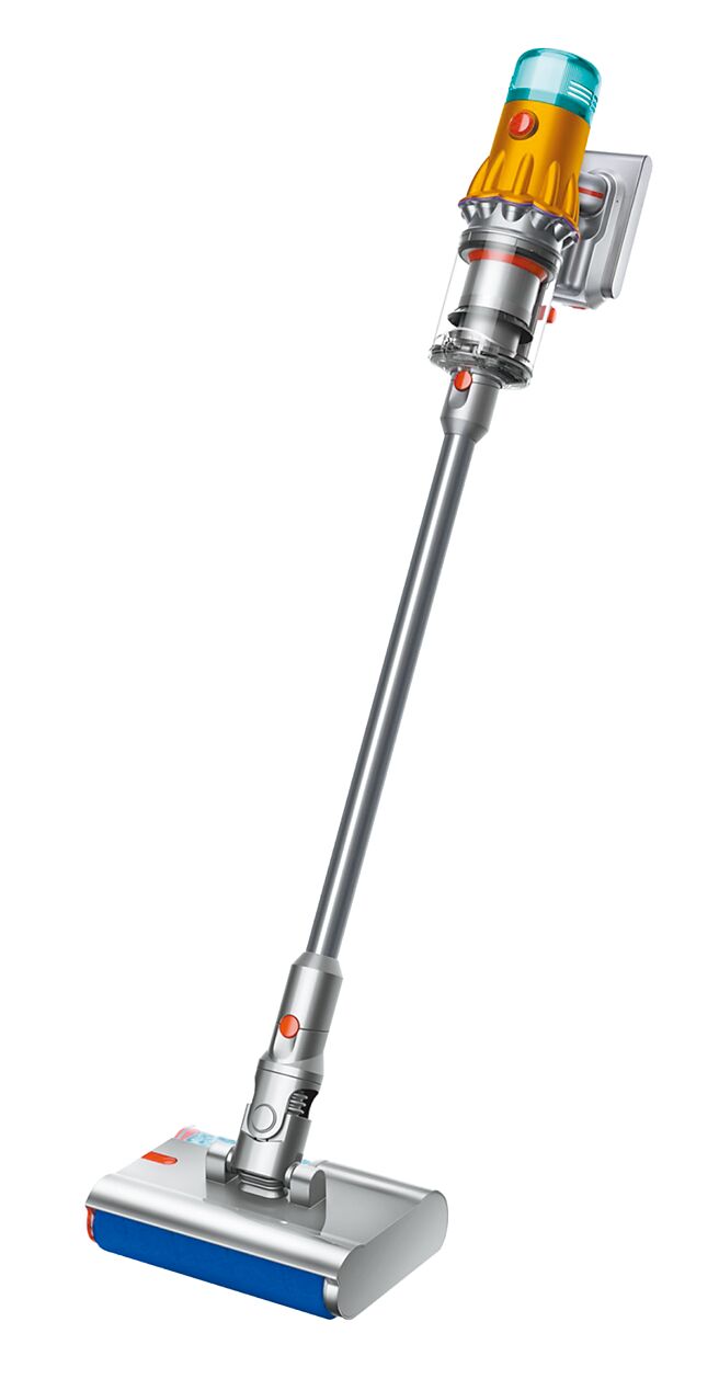 dyson乾濕全能洗地吸塵器，吸塵、洗地、除蟎1機3用，直降萬元，燦坤限定1萬9900元，限量再送收納架＋洗底滾筒。（燦坤提供）