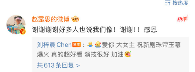 趙露思本人現身留言區回應感謝對方。（圖／翻攝自微博）