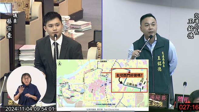 台南路边智慧充电桩使用率偏低，国民党台南市议员蔡宗豪4日市政总质询时，要求市府交通局研议停车充电取消规费。市府交通局长王铭德答询承诺将通盘检讨。（蔡宗豪提供／洪荣志台南传真）