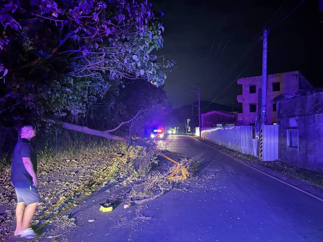 斷枝就倒在道路旁邊，雖然有圍上封鎖線，但是天色灰暗相當不明顯。（翻攝畫面）