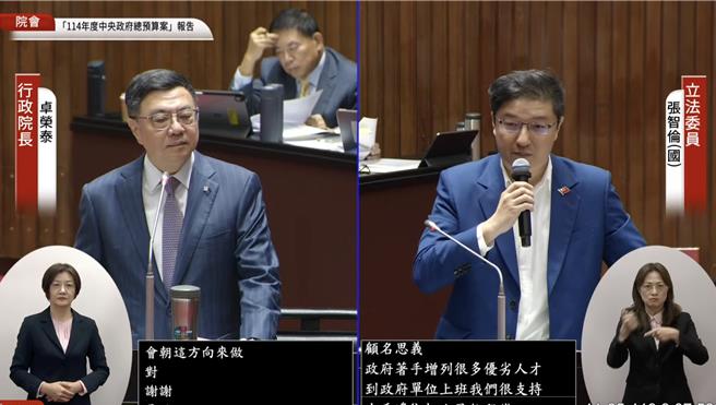 國民黨立委張智倫（右）質詢行政院長卓榮泰（左）。（國會頻道）