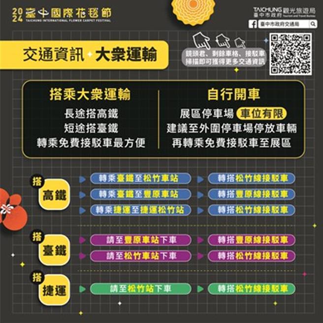 配合花毯節，台中市府規畫5條接駁車分別為豐原線、太原線、松竹線、東勢線及會場環線，不分平日或假日免費接駁。（台中市府提供）