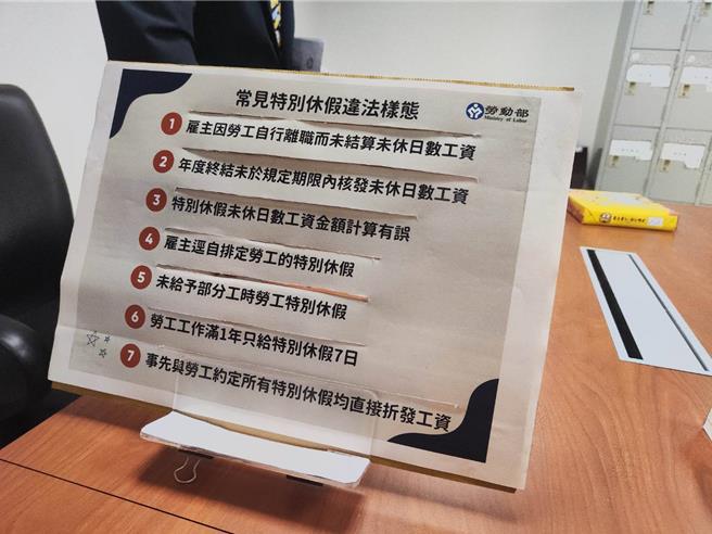 劳动部5日整理特别休假常见违法样态，其中以「雇主因劳工自行离职而未结算未休日数工资」最常见。（林良齐摄）