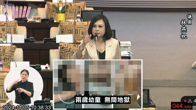 台南市议员林燕祝5日总质询时，播影片揭露1名2岁女童疑似长期被幼儿园保育员殴打、强灌食，还被用吹风机烫下体。（林燕祝提供／洪荣志台南传真）