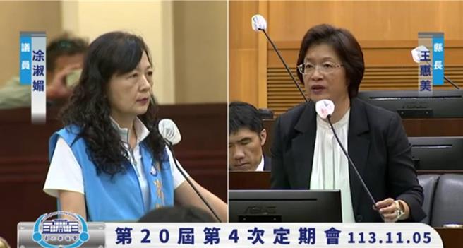 彰化县议员凃淑媚（左）今（5）日在彰化县议会要县府应思考如何避免父母把童萌卡金额领完，就把户藉迁到外县市，县长王惠美（右）表示，人口流失是各个县市最头痛的问题，县府团队会继续努力。（翻摄自彰化县议会直播网／叶静美彰化传真）