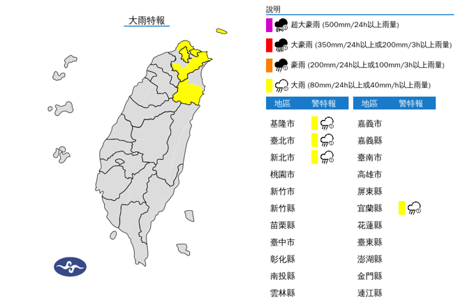 东北季风影响，气象署发布大雨特报。（气象署）