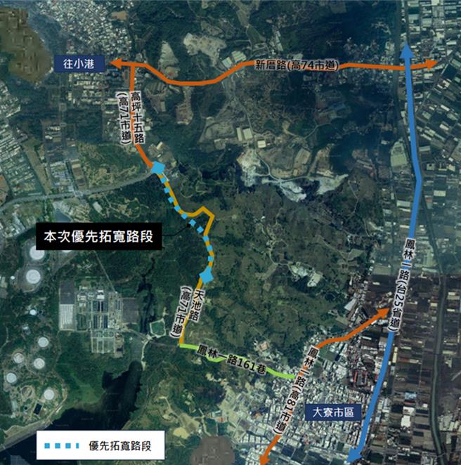 高雄市高71路幅狭窄且蜿蜒，高雄市盼透过都更拓宽改善路况。（高雄市都发局提供／任义宇高雄传真）