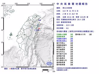 02：08花蓮規模4.6極淺層地震 最大震度3級 11縣市有感