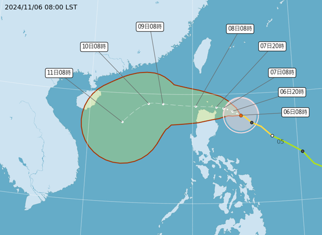 銀杏颱風朝西進行，不侵襲台灣，但周末會為北部和東北部帶來水氣。（中央氣象署提供）