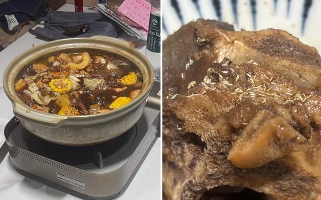 女網友1日到店裡拿冷藏羊肉爐，並分送給朋友，隔天朋友打開來煮，發現羊肉塊上長了一堆蛆蟲。（翻攝爆料公社）