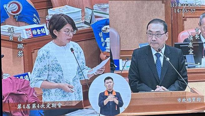 新北市議員白珮茹針對新北市打詐成效在議會上對新北市長侯友宜提出問題。（賀培晏攝）