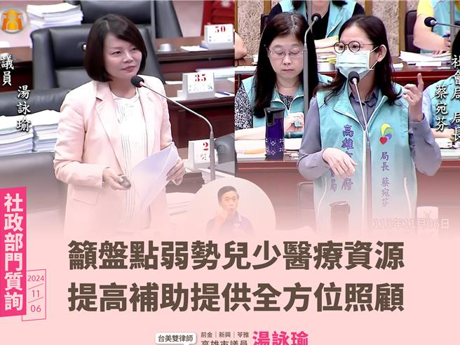 高雄市议员汤咏瑜今（6）日在社会政务部门质询中强调，应加强对弱势儿少的照顾，并呼吁社会局全面检视高雄市各项补助政策。（汤咏瑜办公室提供）