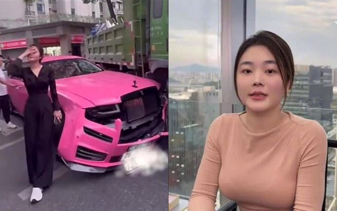 大陆有正妹开着爱车劳斯莱斯出门，没想到遭到1辆货车擦撞，对于，货车司机担心赔不起修车费用，正妹也霸气回应这样说。（图／翻摄自微博）