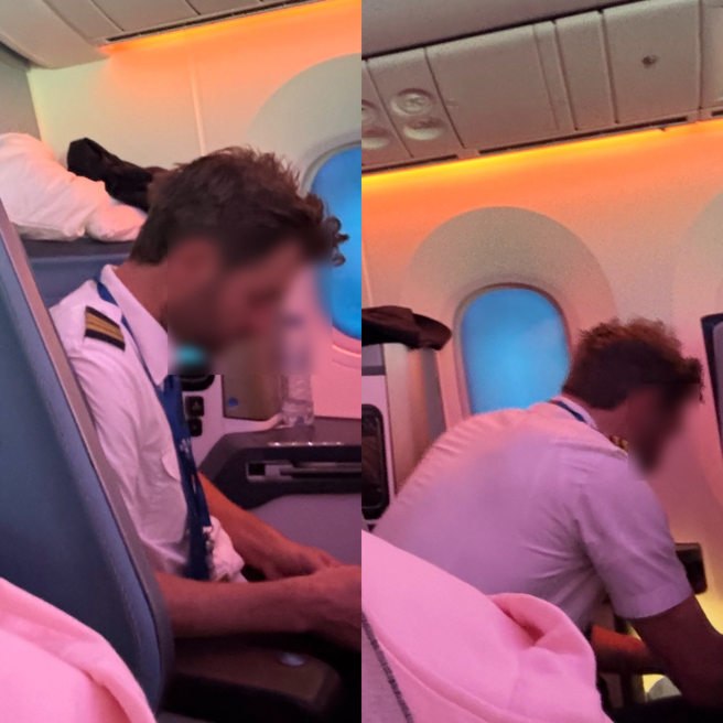 旅客拍下机组人员照片，质疑荷航公司选择性降等。（旅客提供）