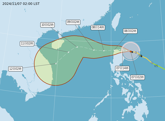 银杏颱风持续朝西前进，明天进入南海，后期路径不确定性加大。（中央气象署提供）