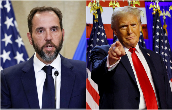 美國總統當選人川普4宗官司纏身，美國司法部先前傳出要對他「辦到底」，如今態度大轉彎，內部正商討逐步讓其中2項訴訟案落幕。上圖左為美國特別檢察官史密斯（Jack Smith）。（圖／美聯社、路透社）