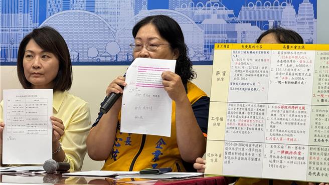 高雄市立大同医院经营权之乱持续延烧，高市议员陈丽娜今（7）日与高医工会代表举行记者会，痛批卫生局长黄志中承诺跳票，未保障大同医护权益就急着与长庚签约，怒批黄志中下台负责。（柯宗纬摄）