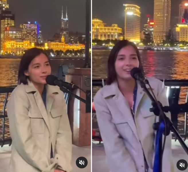 谢嘉怡日前在社群上传自己在上海外滩演唱〈上海滩〉的影片。（图／翻摄自谢嘉怡IG）