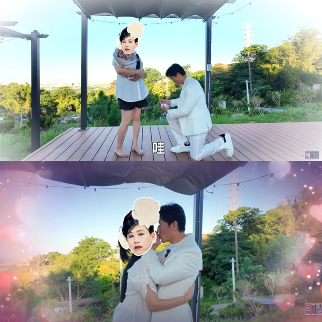 羅時豐單膝下跪，深情擁吻老婆。（圖／翻攝自YouTube《大牛比較懶》）