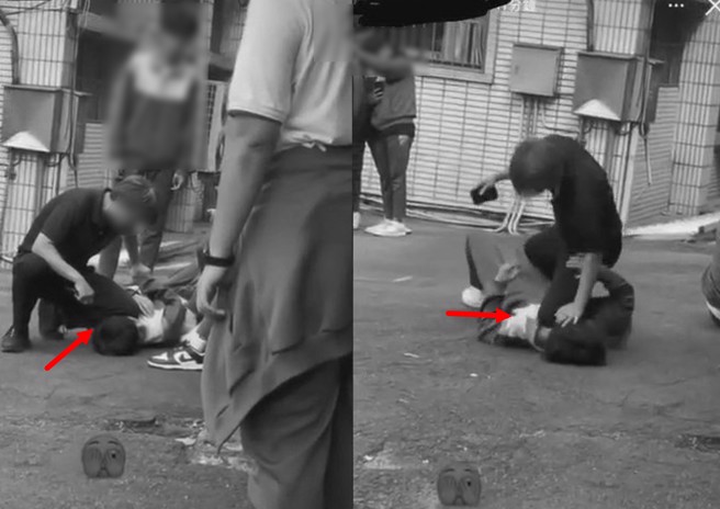 网路流传桃园某所高中，学生疑似在运动会违反校规带手机，遭到黑衣老师的墙摔压制，还用膝盖顶住学生的脖子惹争议。（翻摄爆料公社/画面有变色打雾处理）