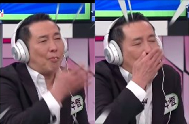 屈中恒假牙突然喷出来，他赶快手摀嘴「接假牙」。（图／天才衝衝衝脸书）