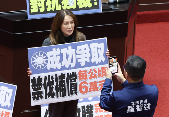 在立法院長韓國瑜8日在院會中宣布朝野協商結果後，立委高金素梅手拿「成功爭取，禁伐補償每公頃6萬元」的標語，在議場內錄影記錄。（姚志平攝）