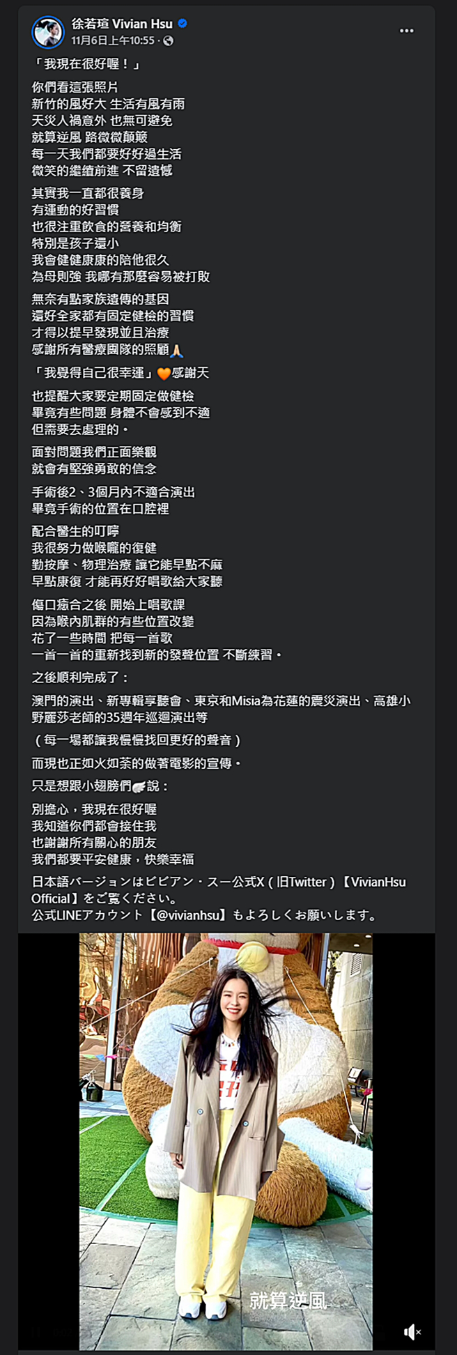 徐若瑄发文强调目前没事。（图／翻摄自徐若瑄 Vivian Hsu脸书）