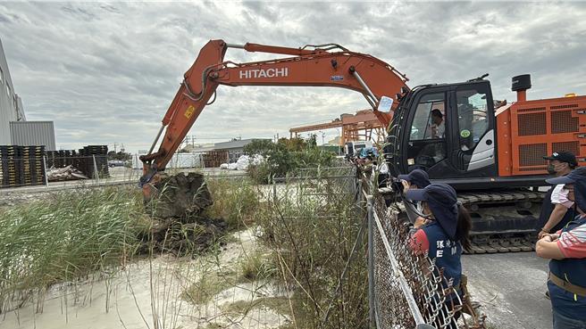 环保局调派挖土机开挖学甲兴业段804-2国有地，检测地下是否仍有炉碴。（宝智华摄）