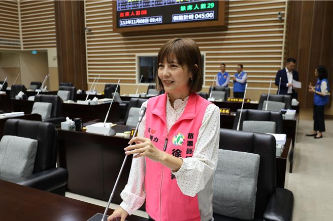 苗栗县议会8日总质询，民进党籍县议员徐筱菁建议县府要解决少子化问题，可以尝试新设新生儿幸福卡，一年6千元。（谢明俊摄）