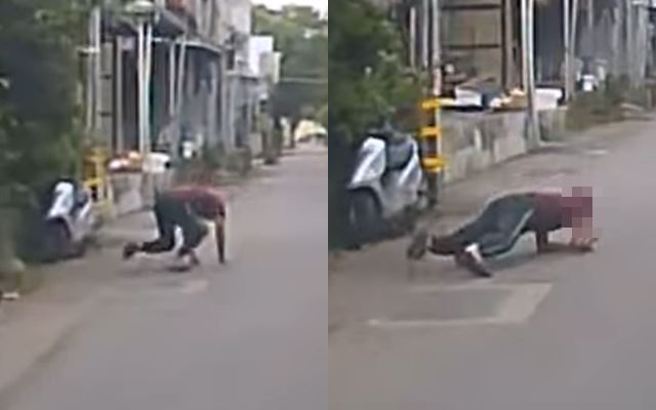 有駕駛日前開車遇到一名阿伯突然在車道旁趴下，阿伯看車輛沒動靜後悻悻然離開，讓駕駛看了相當傻眼。（圖／翻攝自WoWtchout - 地圖型行車影像分享平台）