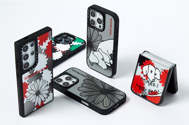 CASETiFY與Mardi Mercredi聯名全系列商品以鮮豔跳色搭配俐落線條，推出多款手機殼及電子配件。（CASETiFY提供）