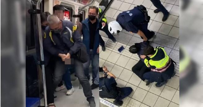 凶手在车厢内被民眾制伏后，出站随即遭警方压制逮捕。（图／网友chienchien86、iris923923提供）